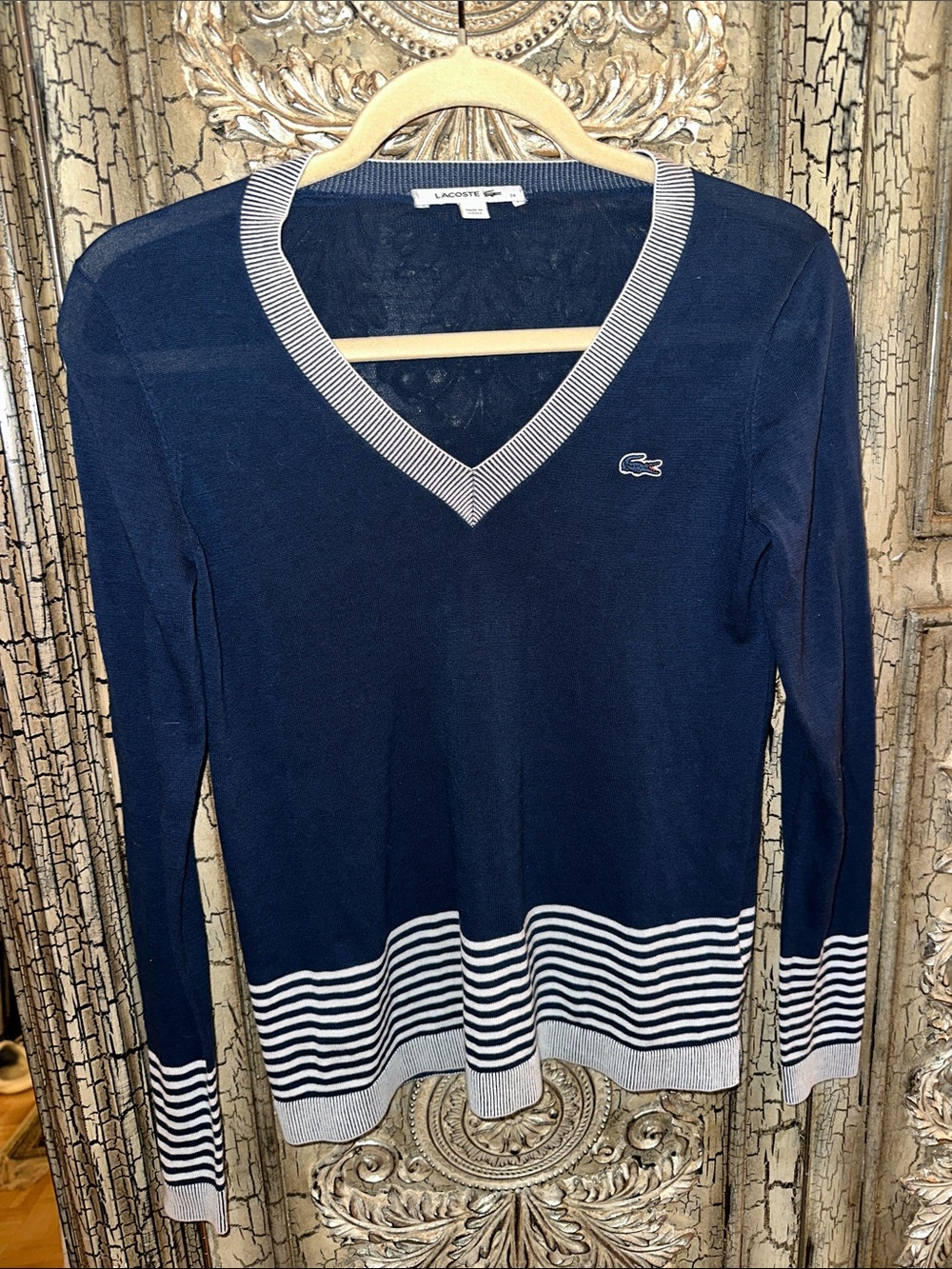 Lacoste Navy V-Neck Sweater with White Stripe Trim